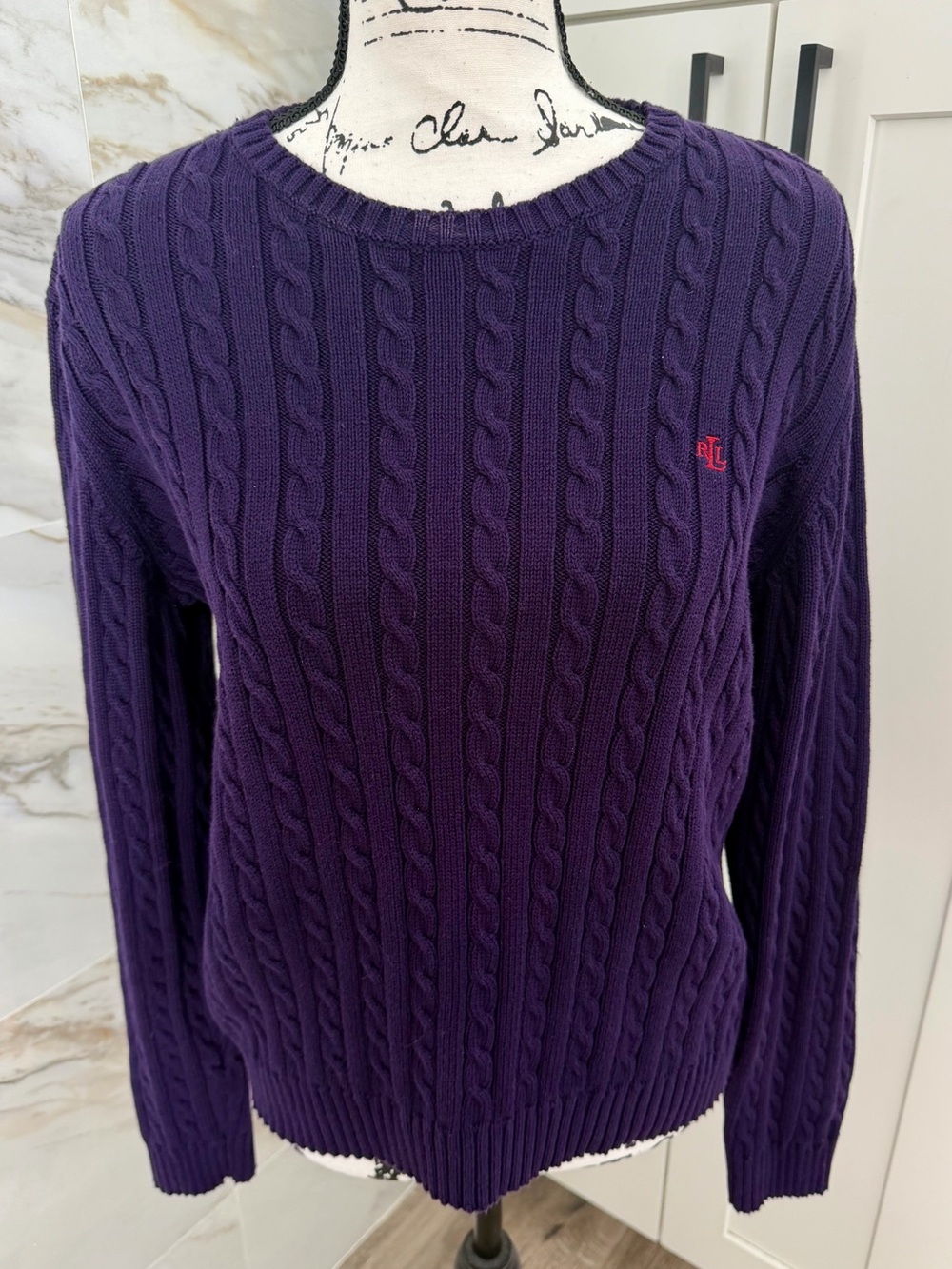 Ralph Lauren Women’s Deep Purple Cable-Knit Crewneck Vintage Cotton Sweater M